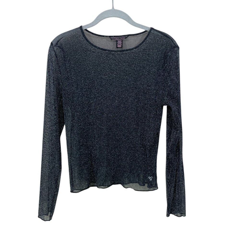 Victoria's Secret Black Sheer Top‎ Size XS/S Mesh Long Sleeve Sparkle Metallic